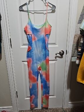 Tie-Dye Spaghetti Strap Jumpsuit in Blue, Red & Green